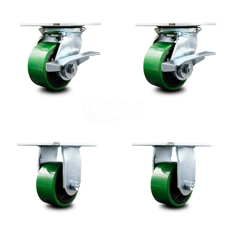 4 Inch Green Poly On Cast Iron Caster Set With Ball Bearing 2 Brakes And 2 Rigid